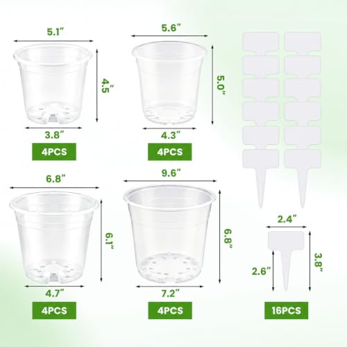16 Pack 10/7/6/5 Inch Clear Nursery Pots with Drainage Holes, Large Clear Plastic Pots with Plant Labels, Nursery Pots for Seedlings, Herbs, Vegetables, Flowers