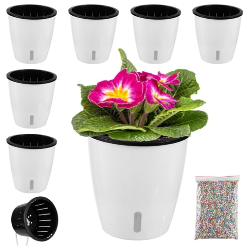 Planterhoma 5 Inch Self Watering Pots for Indoor Plants, 6 Packs African Violet Pots with Indicator, Black Wick Pot with Drainage Holes, Self Watering Planters for Orchid, Devil's Ivy, White - color: Glossy White, size: 5 Inch/6 Pack