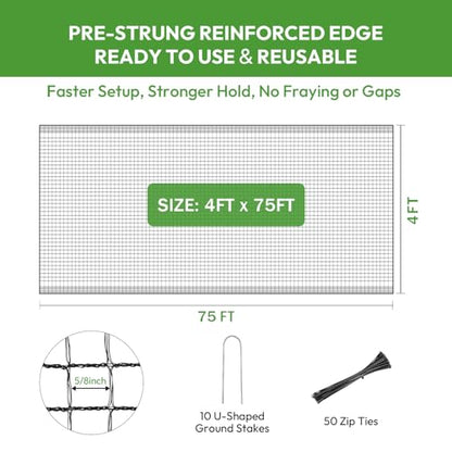 Deer Fence Netting 4ft x 75ft, Heavy Duty Plastic Mesh Deer Netting with Pre-Strung Reinforced Edge, Reusable Temporary Garden Fence, Animal Barrier for Yard, Poultry & Pets, Protect Plants & Crops - size: 4ft X 75ft