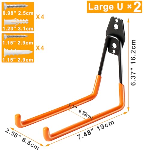 KURUI Heavy Duty Garage Hooks for Hanging, 2 Pack Metal Garage Organization Hooks, Garage Storage Hooks for Ladder Extension Cord Cable, Wall Mount Large Utility Hooks, Garden Tool Organizer/Hanger - size: 7.4 Inch