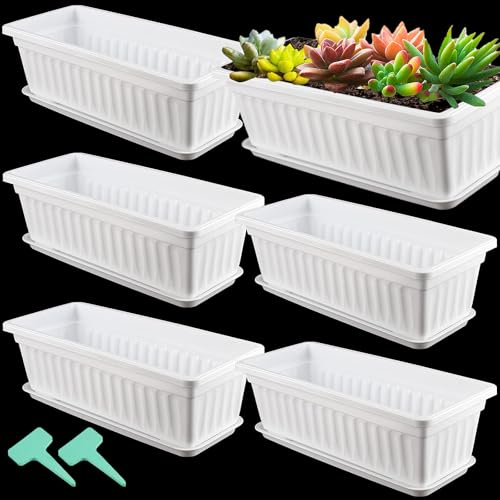 HAKZEON 6 Pack 17 Inches Plastic Flower Box Planters with Trays, Countryside Flower Window Boxes with 30 Plant Labels, White Rectangular Vegetable Planters for Windowsill, Porch, Balcony, Garden - color: White