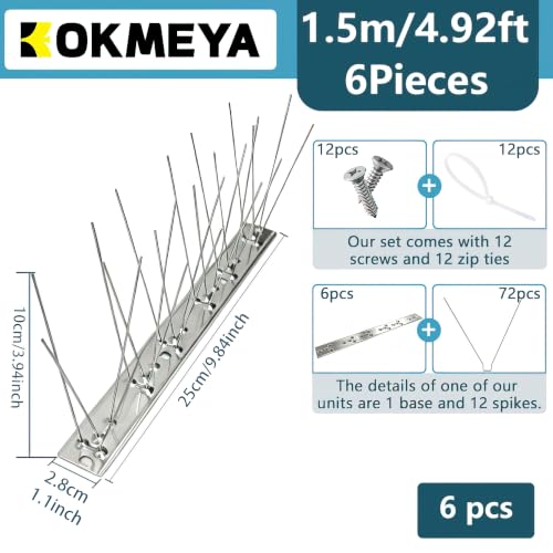 304 Stainless Steel Bird Spikes for Outside, Durable Pigeon Spikes Fence Kit to Keep Small Birds, Crows and Woodpeckers Away, Outdoor Scare Devices, 6 Pcs Covers 4.92 FT - size: 4.92Ft