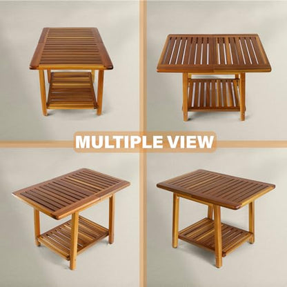 ENKEZI Acacia 24 Inches Outdoor Side Table, 2-Tier Sturdy Patio, End Table Weather Resistant, Strong Stability Side Table for Patio, Pool, Porch, Teak Finish (Large)