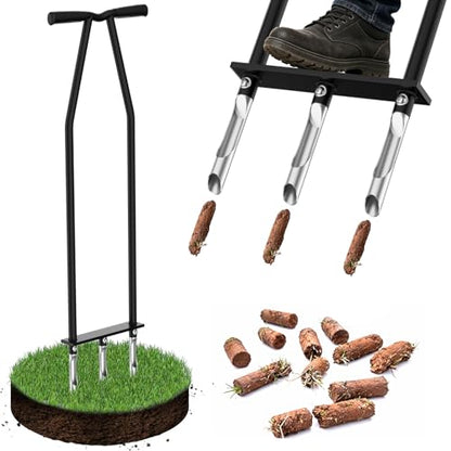 Manual Core Lawn Aerator with 3 High Strength Stainless Steel Tines