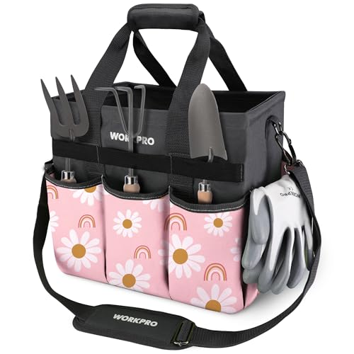 WORKPRO Garden Tool Bag, 10 Pockets and Shoulder Strap, Floral Pink - color: Floral Pink