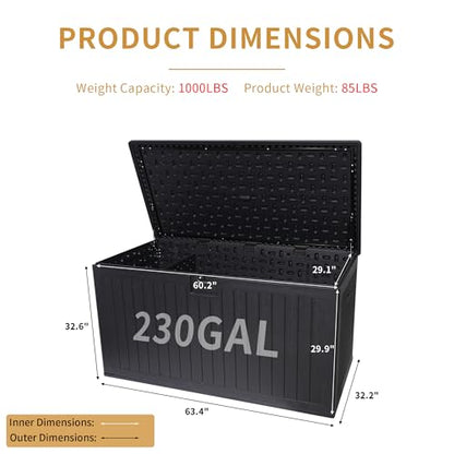 230 Gallon Resin Outdoor Deck Box, Lockable Large Patio Storage Bin, Black - color: Black