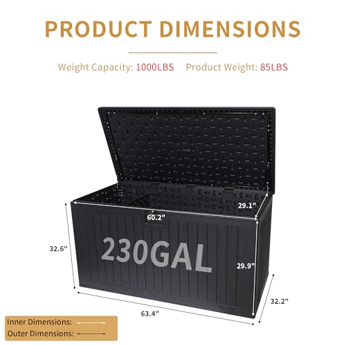 230 Gallon Resin Outdoor Deck Box, Lockable Large Patio Storage Bin, Black - color: Black