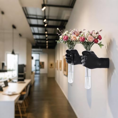 Black Hand Wall Vase Set of 2, Resin Test Tube Flower Holders - color: Black
