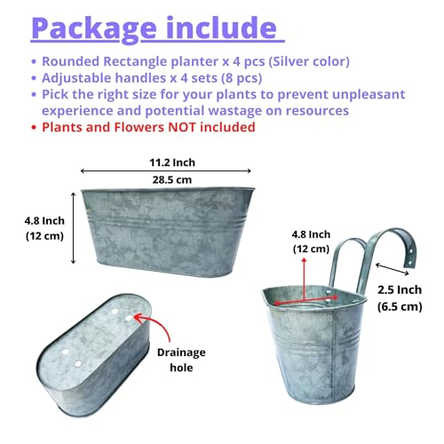 LaLaGreen Outdoor Rail Planter (11.2 in, 4 Pack) Silver Metal Hanging Pot - size: 11.2" (28 cm) x 4 Pack