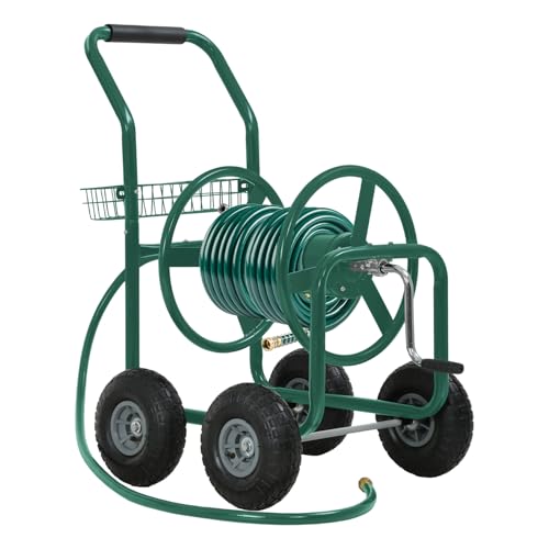 FDW Garden Hose Reel Cart, Water Hose Cart with 4 Wheels, Hold Up to 300 ft of 5/8’’ Hose，Heavy Duty Powder-Coated Steel Planting with Storage Basket, for Garden, Yard and Lawn - color: Green-1