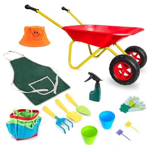 Toddler Metal Wheelbarrow for Kids Wheel Barrow with 12 PCS Tool(red Set) - color: Red Set