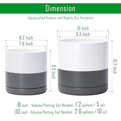 D'vine Dev 2-Pack Ceramic Pots with Saucers, 8/10 in, White/Grey, 94-G-L-6 - color: White/Speckled Grey, size: Large