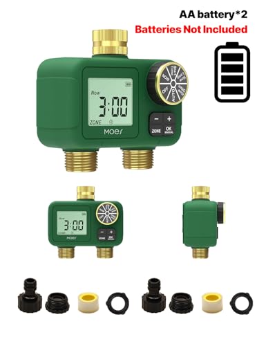 MOES 2 Zone Water Timer, Brass Fittings, Rain Delay, No Wi-Fi Required - style: 2 Zones (2 Outlets)