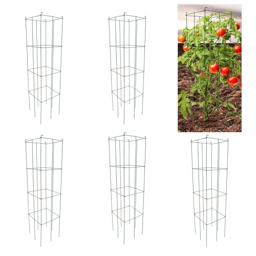 MTB Green Square Folding Tomato Cage Plant Support Tower 12 inch by 46 inch, Pack of 5 Sets - size: 12*46inch Sq-Green Coated-5Pack