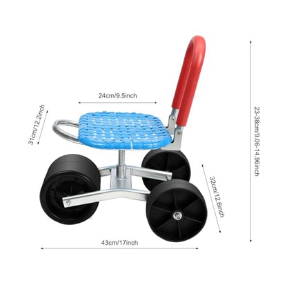 Rolling Garden Seat, 360° Swivel, Adjustable Height, 3 Wheels, Blue