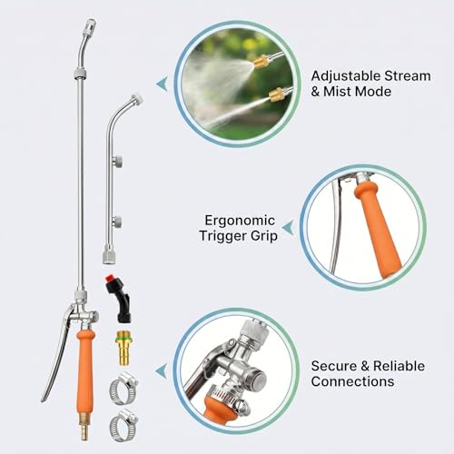 All-Metal Sprayer Wand with 3 Interchangeable Nozzles, Stainless Steel Replacement Wand for Garden Watering and Spraying, Adjustable Brass Barb Fit for 3/8" & 1/4" Hose with Locking Handle