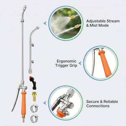 All-Metal Sprayer Wand with 3 Interchangeable Nozzles, Stainless Steel Replacement Wand for Garden Watering and Spraying, Adjustable Brass Barb Fit for 3/8" & 1/4" Hose with Locking Handle