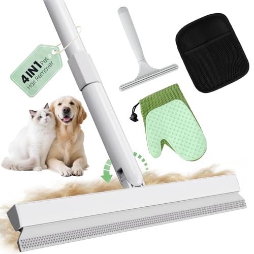 Carpet Rake for Pet Hair Removal Tool - 4 in 1 Pet Hair Remover Kit for Dog Cat Fur Remover, Contain 60" Adjustable Rubber Broom, Glove, Magic Brush and Scraper for Furniture,Short Pile Carpets, Mats - color: Pearl White