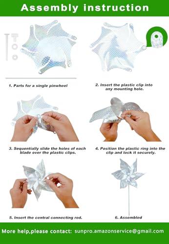10 Pack Reflective Pinwheels for Garden Yard - Sparkly Silver Bird Deterrent Devices for Outside - Humane Woodpecker, Pigeon & Goose Repellent Wind Spinners - Decorative Mylar Pin Wheels with Stakes