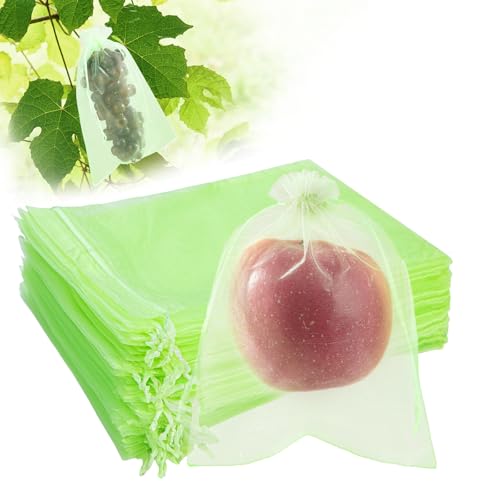 50PCS Fruit Protection Bags with Drawstring, 8x12 Inch Green Organza Produce Bags for Fruit Trees, Mesh Netting for Garden Protection - size: 8"×12"