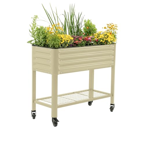 Vego garden Rolling Elevated Raised Garden Bed, 1.5' x 3.5' Outdoor Planters Boxes with Legs & Storage Rack for Patio, 500 Lbs Weight Capacity, Raised Beds for Gardening, Pearl White - color: Pearl White, size: 1.5' x 3.5'