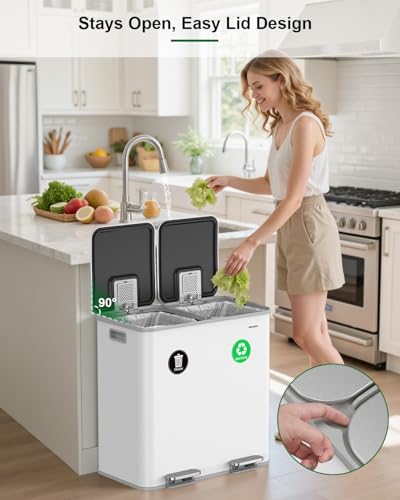 Lovewind 2×11.5 Gallon Dual Trash Can, Stainless Steel Dual Garbage and Recycling Can with Foot Pedal, 90° Stay-Open Lid, Pet-Proof Design – Large Dual Compartment Trash Recycling Bins Kitchen, White - color: White, size: 23 Gallon