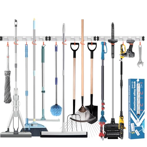Mop and Broom Holder Wall Mount Garden Tool Rack Organizer - color: Orange, size: 3 Packs 5 Hooks