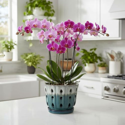 Ceramic Orchid Pot with Holes 6'' Orchid Planter (cream over turquoise) - color: Cream Over Turquoise