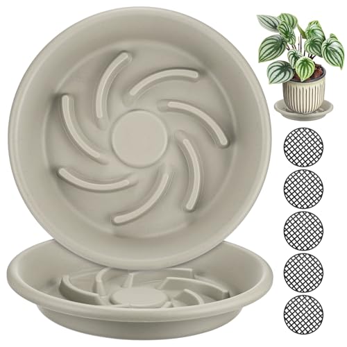 M METERXITY 2-Pack Plant Saucer, 6.5 Inch/ 16.5cm Plastic Plant Trays Thicker for Pots/Indoor/Outdoor/Water Drainage and Protection, Flowerpot Drip Tray [Grayish White] - size: 6.5 in