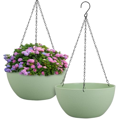 Meowell 12 inch Large Hanging Planters Plant Pots for Indoor Outdoor Plants, 2 Pack Hanging Flower Pots with Drainage Holes and Chain for Garden Porch, Plastic Hanging Baskets for House Plants, Green - color: Green, size: 12inch 2pcs