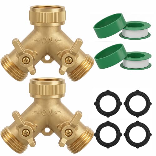 Hourleey Brass Garden Hose Splitter (2 Way), Solid Brass Hose Y Splitter 2 Valves with 2 Extra Rubber Washers (2 PACK) - size: 2 Pack - 2 Way