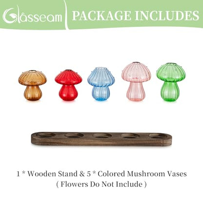 Glasseam Mushroom Glass Plant Propagation Station with Wooden Stand 5Pcs - color: Multicolor, size: 5Pcs