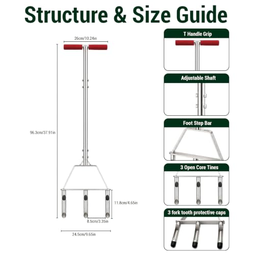 PPZ Manual Core Aerator Lawn Tool with 3 Hollow Tines for Compacted Soil
