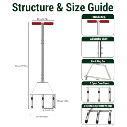 PPZ Manual Core Aerator Lawn Tool with 3 Hollow Tines for Compacted Soil