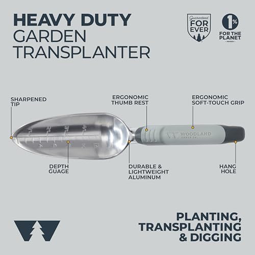 Woodland Tools Heavy Duty Garden Transplanter - Narrow Anodized Aluminum Hand Shovel with Depth Markings and Ergonomic Grip, Planting and Digging Tool for Soil, Flowers, Bulbs, and Raised Beds - size: Transplanter