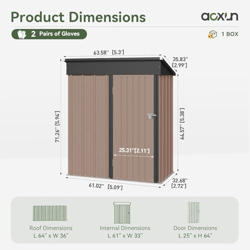 Aoxun 4.9x2.9 FT Outdoor Storage Shed - Metal Garden Shed with Base - color: Brown, size: 5' x 3'/Base