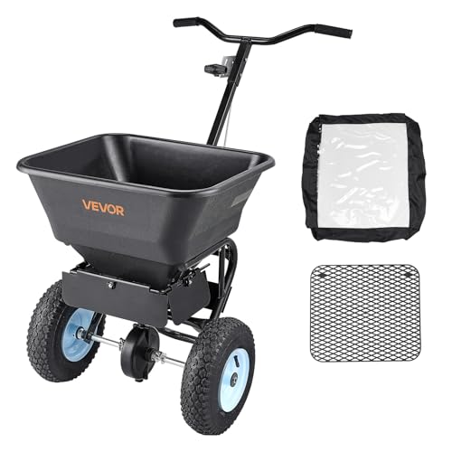 VEVOR Broadcast Spreader 50 lbs Capacity Drop Spreader with Hopper Grate | for Lawn & Garden Care, 18 in Spreading Width & 30 Adjustable Settings, 10 in All Terrain Tires for Seed, Fertilizer, Black