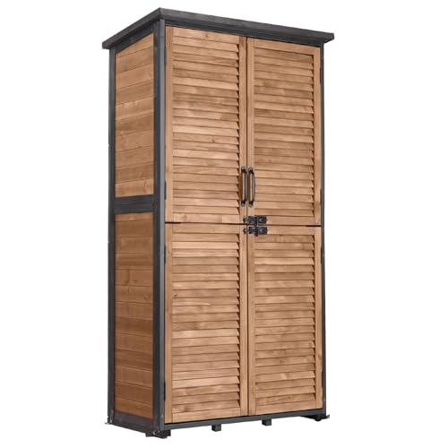 GUTINNEEN Outdoor Storage Cabinet Upgraded with Metal Frame Durable Storage Shed with Floor and Adjustable Shevels Waterproof Garden Tool Shed - color: Light Brown