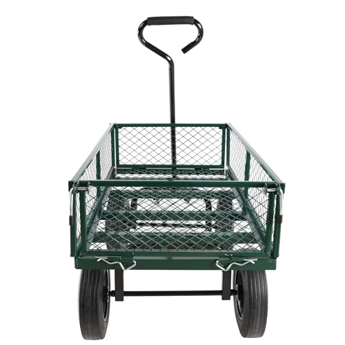 Metal Utility Wagon with 10" Solid Large Wheels 500 Lbs Capacity Heavy Duty Wheel Barrow Mesh Steel Garden Wagon Cart Dump Cart Pullable with 180° Rotating Handle Removable Sides (Green) - color: Green