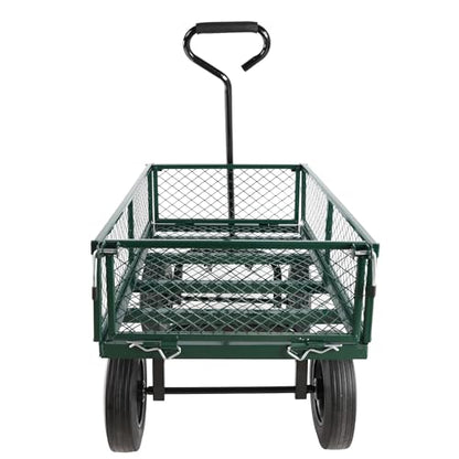 Metal Utility Wagon with 10" Solid Large Wheels 500 Lbs Capacity Heavy Duty Wheel Barrow Mesh Steel Garden Wagon Cart Dump Cart Pullable with 180° Rotating Handle Removable Sides (Green) - color: Green