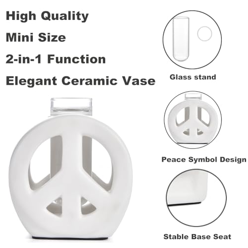 Propagation Vase, 2-in-1 Small Flower Vase and Aromatherapy Diffuser, Handcrafted Ceramic with Clear Glass Root Observation Tubes, Modern Desktop Centerpiece for Plant Lovers - color: White Peace Sign