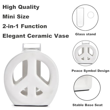 Propagation Vase, 2-in-1 Small Flower Vase and Aromatherapy Diffuser, Handcrafted Ceramic with Clear Glass Root Observation Tubes, Modern Desktop Centerpiece for Plant Lovers - color: White Peace Sign