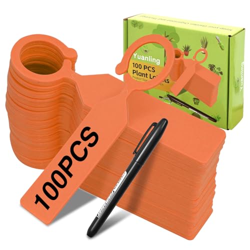 Plant Labels Yuanling 100Pcs Plastic Waterproof Plant Tree Tags Nursery Garden Markers for Indoor Outdoor Gardening Plants Vegetables Flowers Potted (Orange Color with 1 Marker Pen) - color: Orange