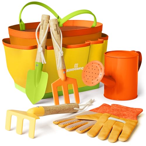 Kinderific Gardening Set, Tool Kit, for Kids, STEM, Includes Tote Bag, Spade, Watering Can, Rake, Fork, Trowel and Gloves (Sunshine) - color: Sunshine