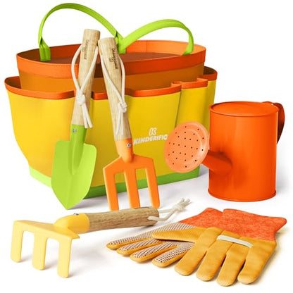 Kinderific Gardening Set, Tool Kit, for Kids, STEM, Includes Tote Bag, Spade, Watering Can, Rake, Fork, Trowel and Gloves (Sunshine) - color: Sunshine