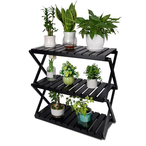 BEEFURNI 3-Tier Foldable Acacia Wood Ladder Plant Stand & Corner Rack Black