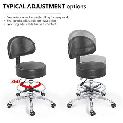 Grace&Grace Height Adjustable Swivel Rolling Stool with Back Extra Thick Seat for Ultimate Comfort for Salon, Studio, Shop, Kitchen (Black,with Foot Rest) - style: Classic with Back