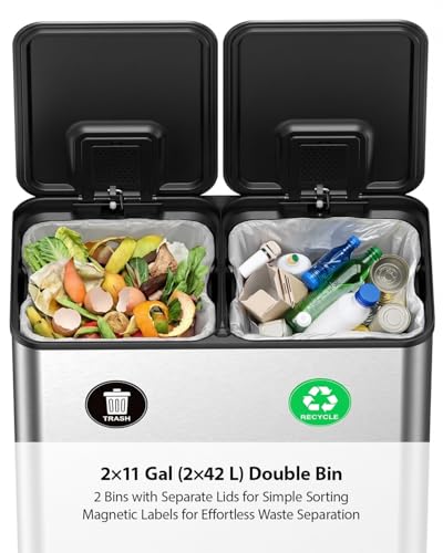 Lovewind Dual Trash and Recycling Bins for Kitchen, 2 * 11-Gallon Stainless Steel Double Trash Can, Step-On Garbage and Recycle Combo, Quiet Close, Pet-Proof, Compatible with 13-Gallon Bags, Silver - color: Silver, size: 2 x 11 Gallon