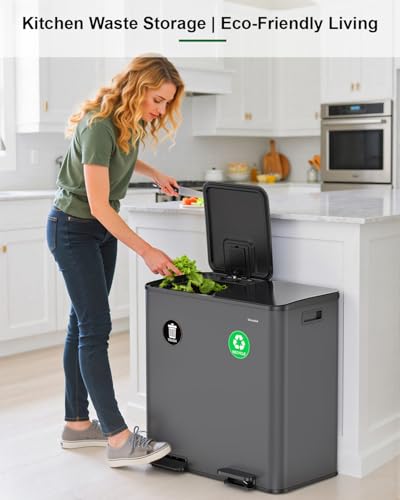 Lovewind 2×11.5 Gallon Dual Trash Can, Stainless Steel Dual Garbage and Recycling Can with Foot Pedal, 90° Stay-Open Lid, Pet-Proof Design – Large Dual Compartment Trash Recycling Bins Kitchen, Grey - color: Grey, size: 23 Gallon