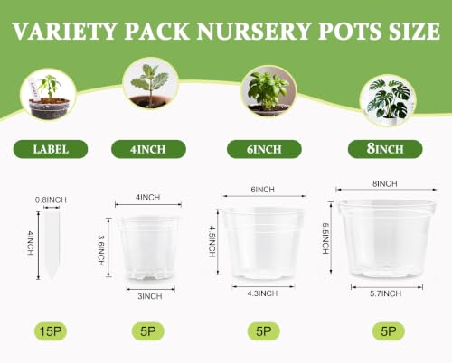 RooTrimmer 15 Pack 8/6/4 Inch Clear Nursery Pots with Drainage Hole, Transparent Plastic Plant pots, Sturdy Planting Starter Pots for Seedlings Herbs Flowers Vegetable (Clear-15P) - color: Clear, size: Mix 4/6/8 Inch 15 Pack